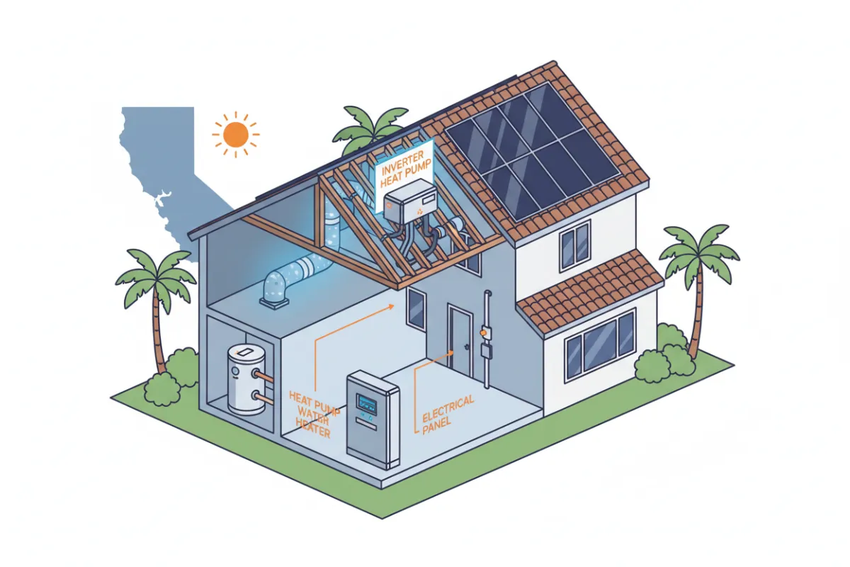 Diagram of a modern Orange County home showing right-sized inverter heat pump, upgraded ductwork, heat pump water heater, and solar panels, all labeled for clarity.