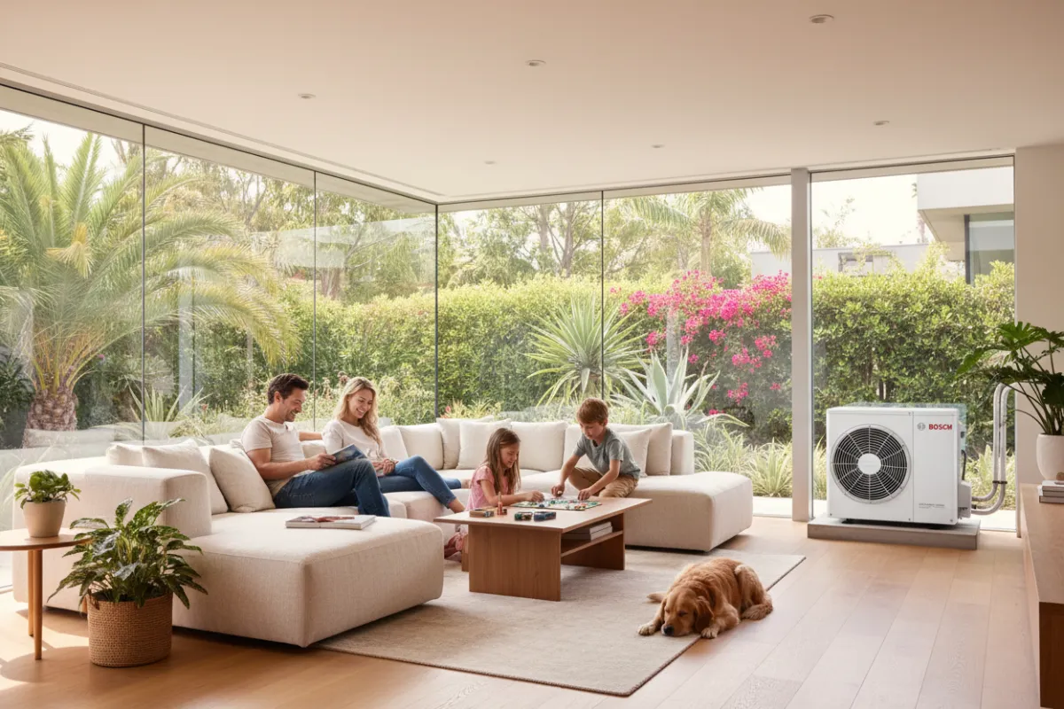 A modern Orange County family of four relaxes in a sunlit, open-concept living room with visible Bosch IDS 20 Series heat pump unit outside the window. The home features large windows, lush greenery, and a sense of quiet comfort. The family appears content, with a dog resting nearby, highlighting a peaceful, energy-efficient environment.