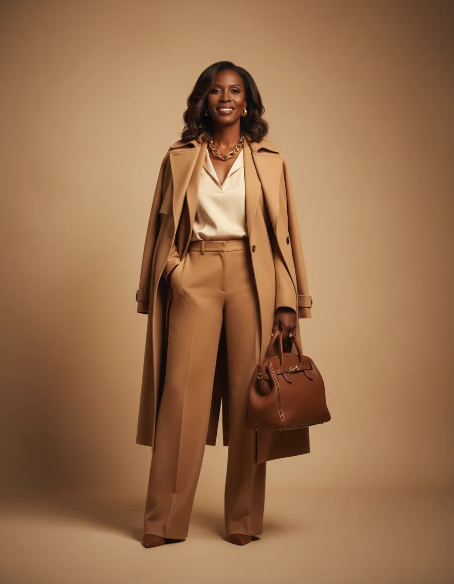 Phyllis Brown Brewer in gray outfit with sunglasses, walking confidently with refined style