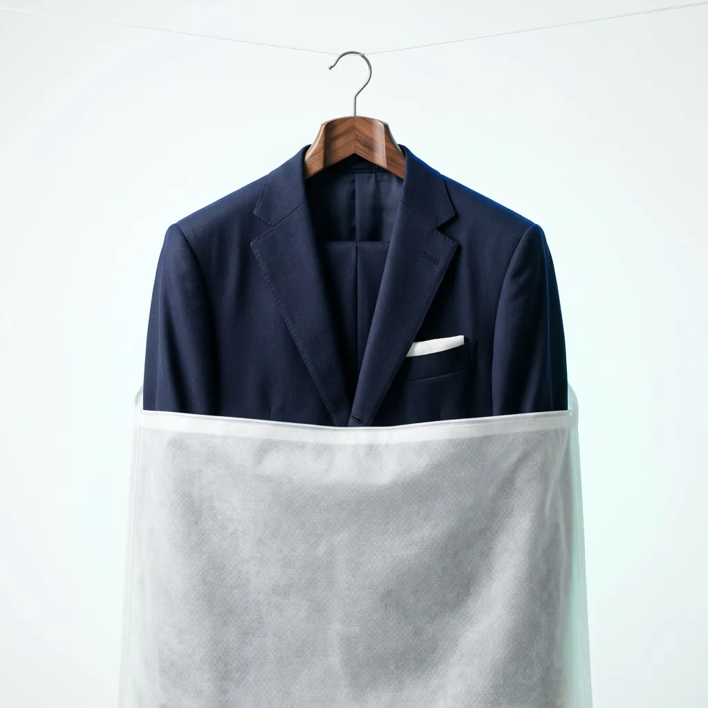 Pristine dry cleaned suit in bespoke eco-friendly luxury packaging with wooden hanger