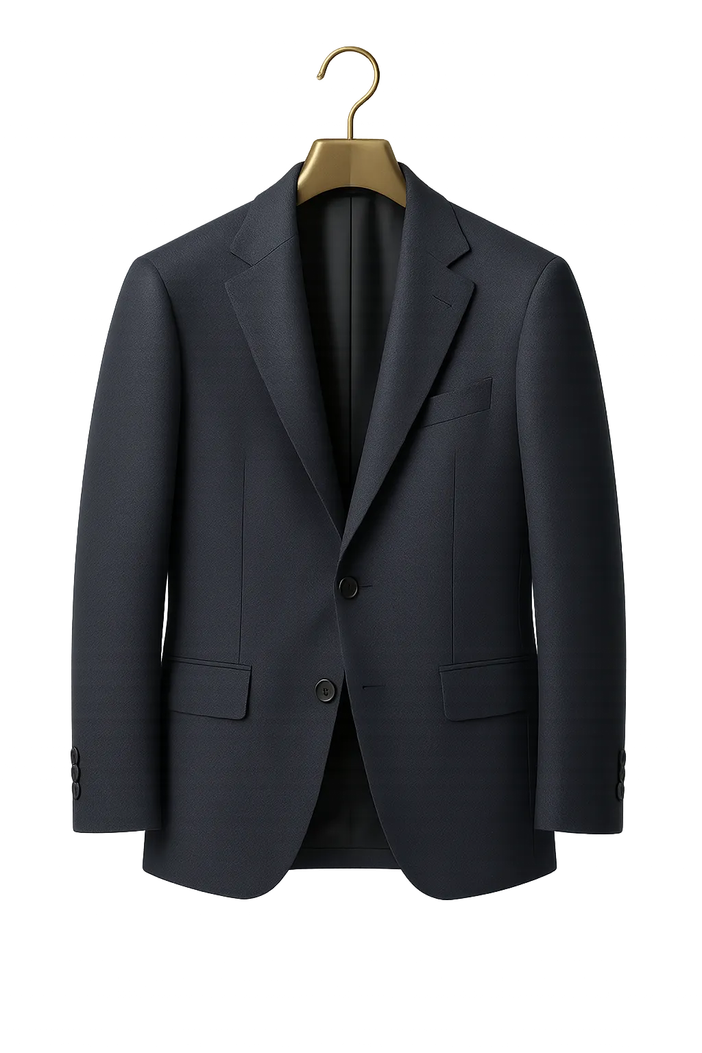 Expertly pressed luxury cashmere and bespoke tailored suit on wooden artisan hanger