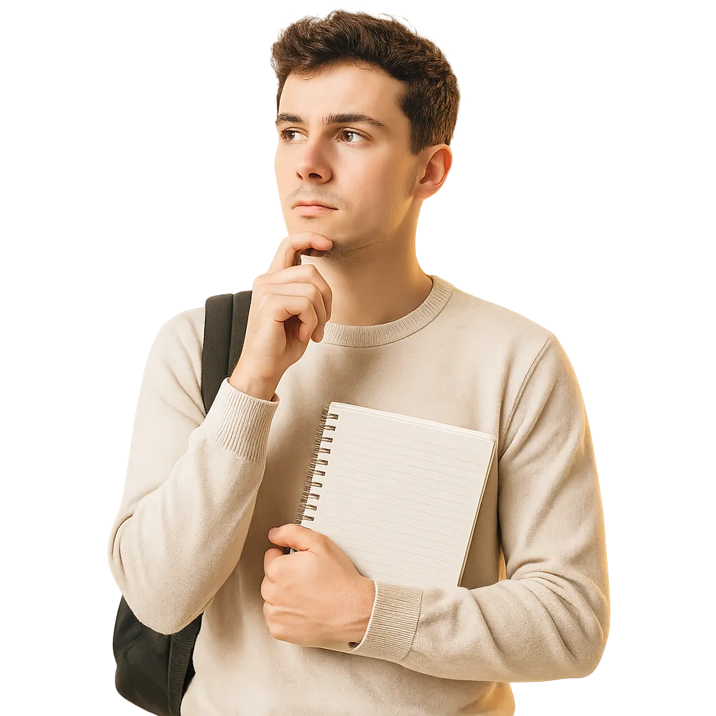 A young, focused student holding a notebook