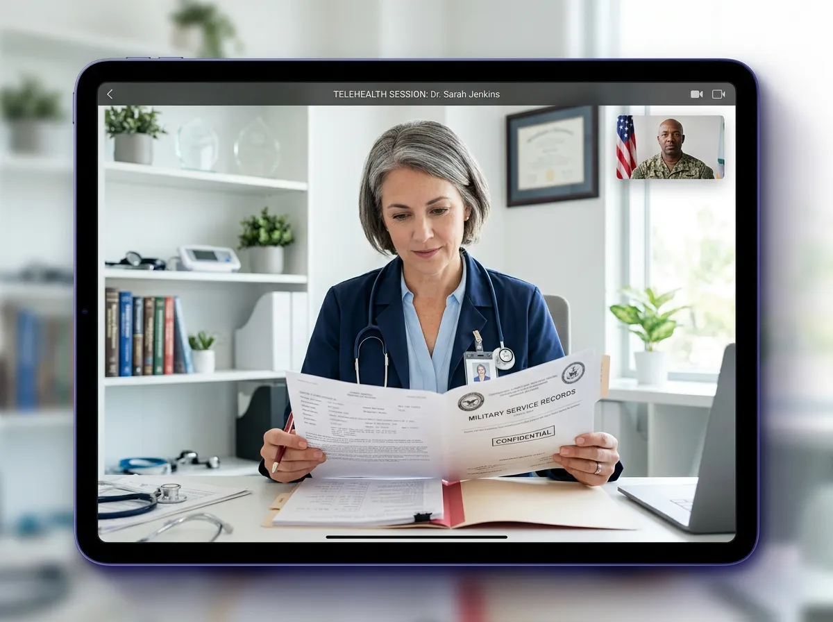 Licensed medical doctor reviewing military service records during telehealth evaluation