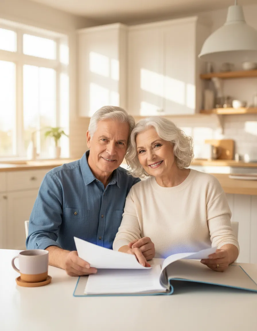 Senior couple smiling with peace of mind reviewing Medicare options