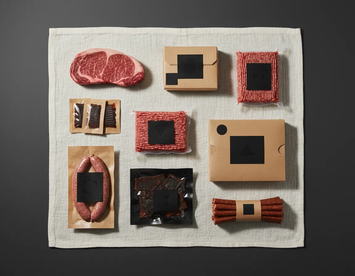 Premium beef product photography on rustic-modern surface