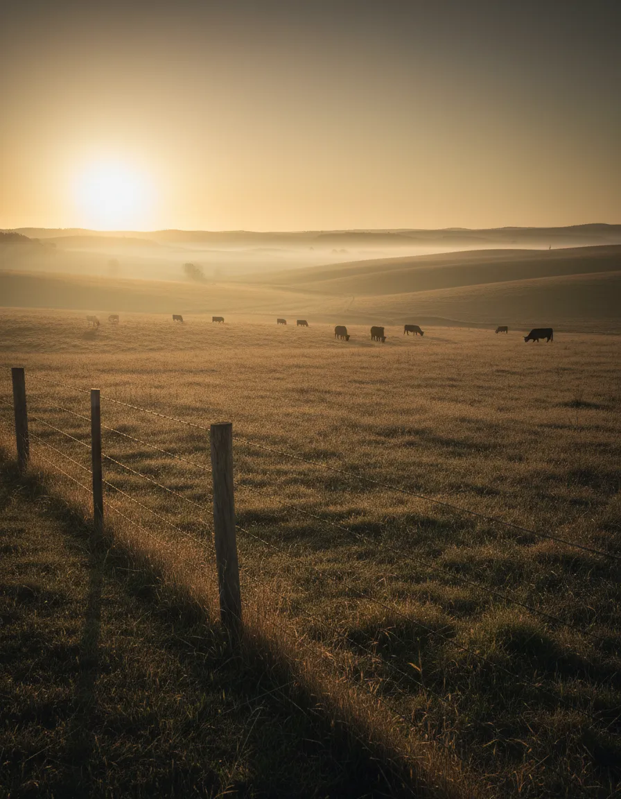 Ranch landscape and cattle at golden hour
