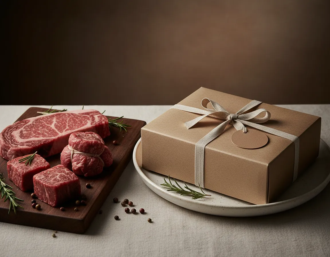 Premium gift box and beef selection imagery