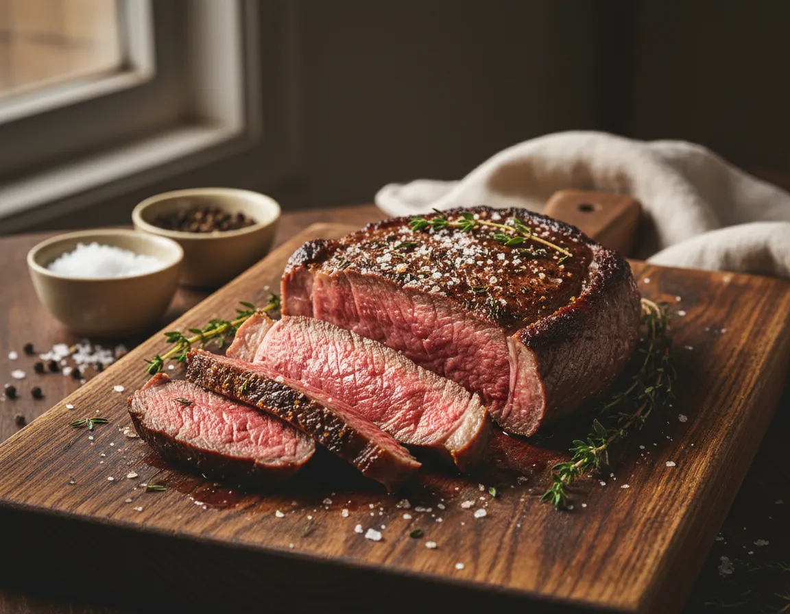 Close-up of steak resting on a wooden board with coarse salt and herbs