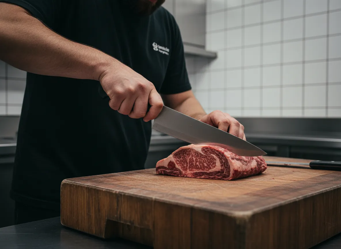 Butcher inspecting premium cuts of beef