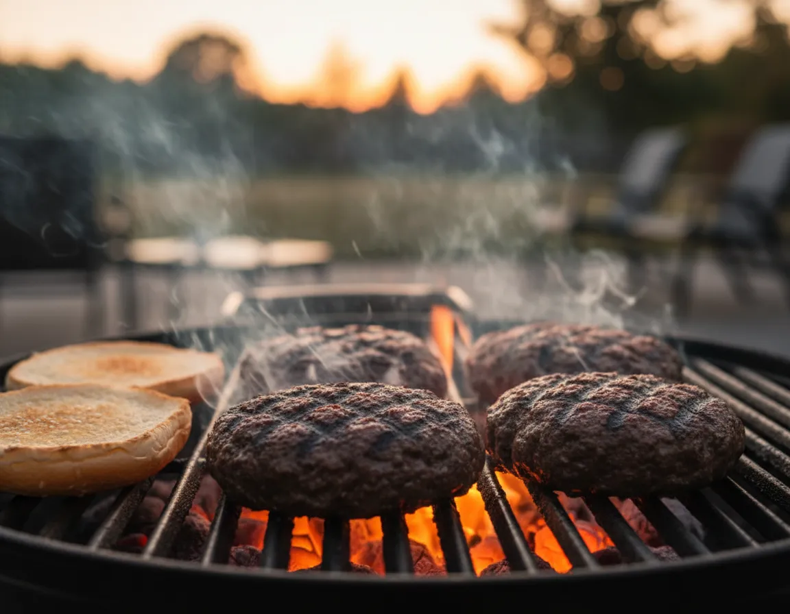 Thick, juicy burger patties on a grill