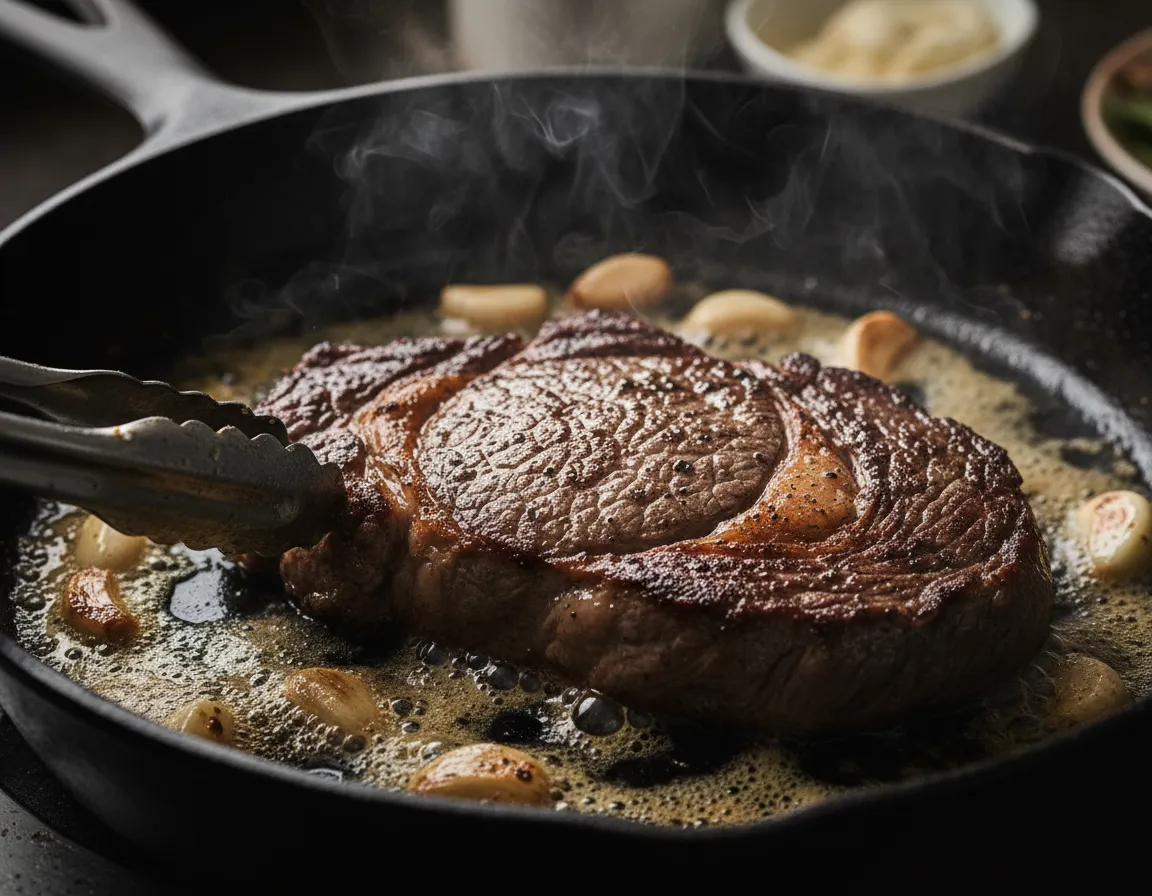 Premium Ribeye Steak searing in a pan