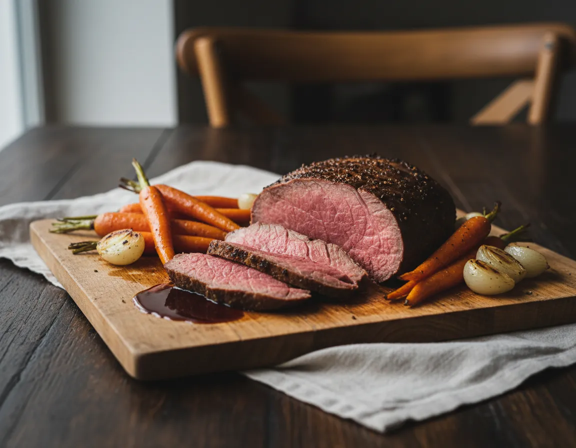 Beef roast carving on a wooden board