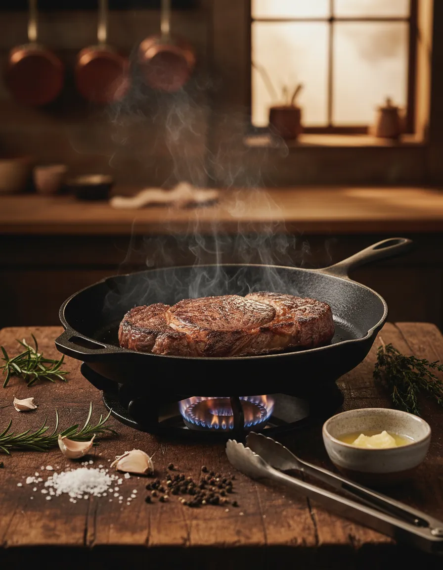 Premium beef cooking scene in a warm rustic-modern kitchen with cast iron and herbs