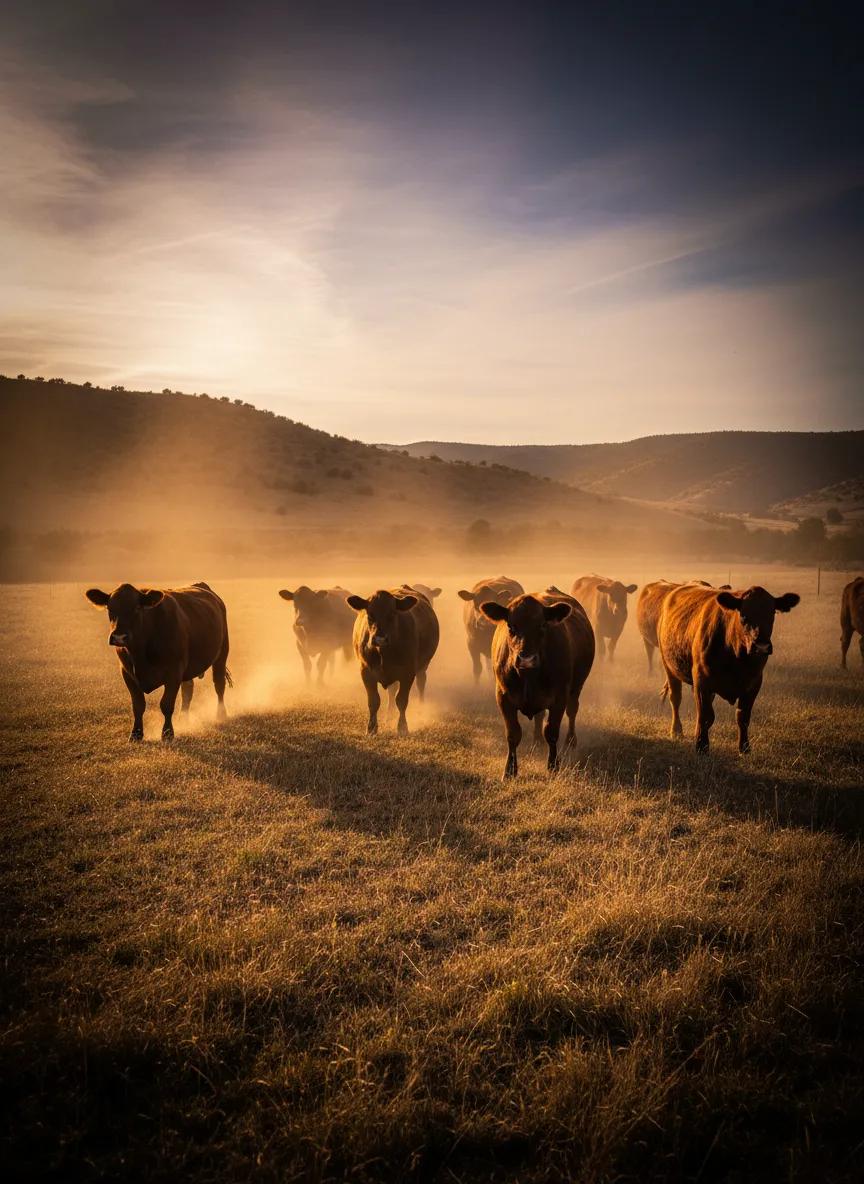 Herd of cattle in golden hour light