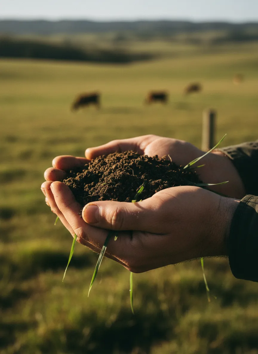 Close up of rancher's hands holding soil