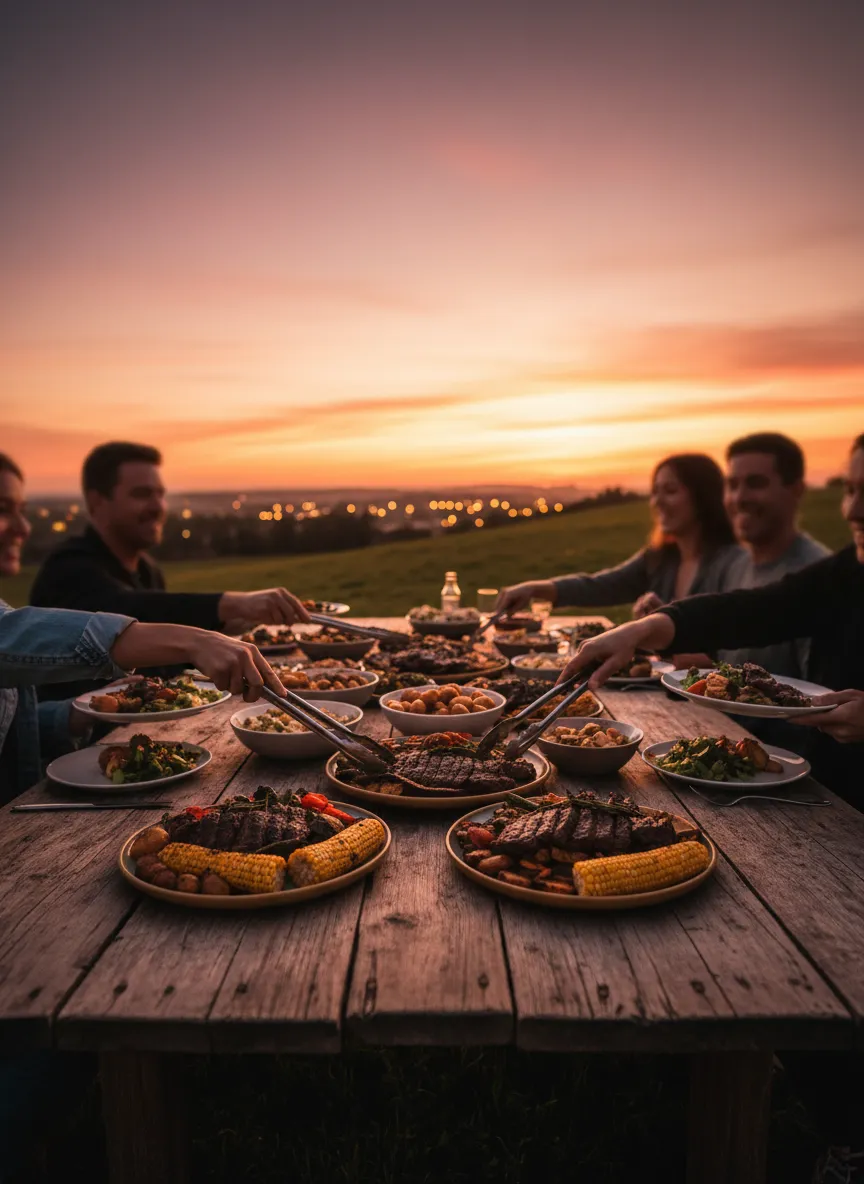 Family enjoying a steak dinner outdoors