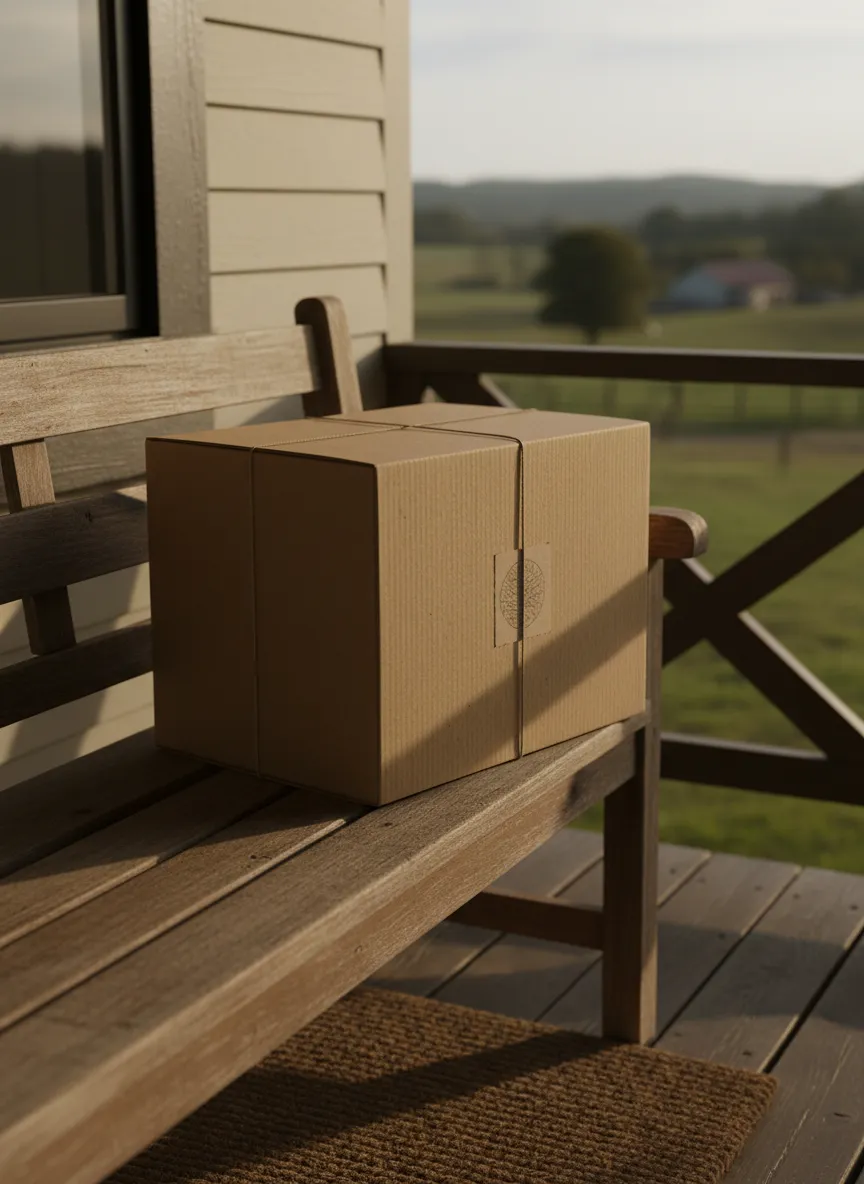 Rooted Range Farms branded shipping box