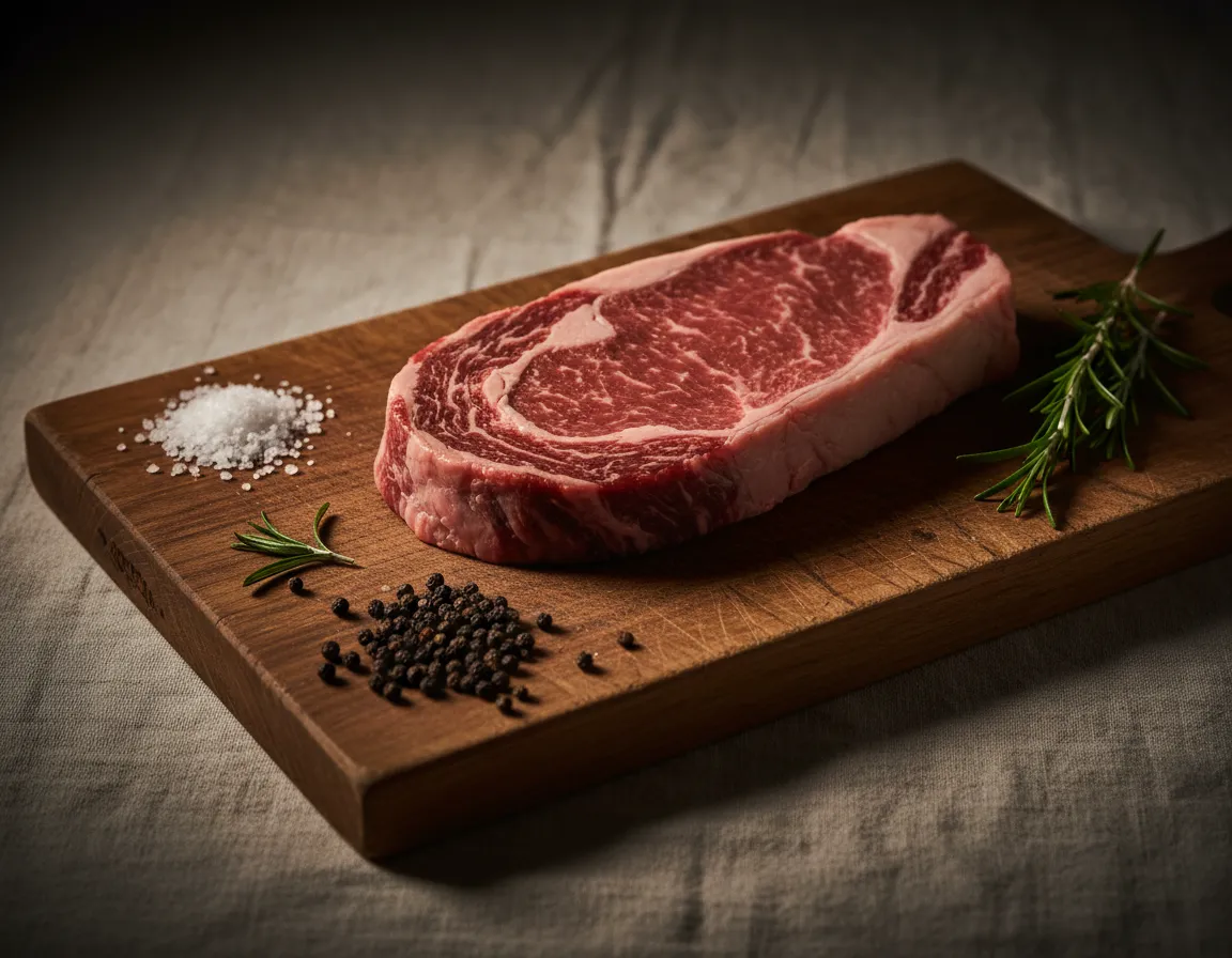 Rustic kitchen cutting board with salt, pepper, and raw premium steak
