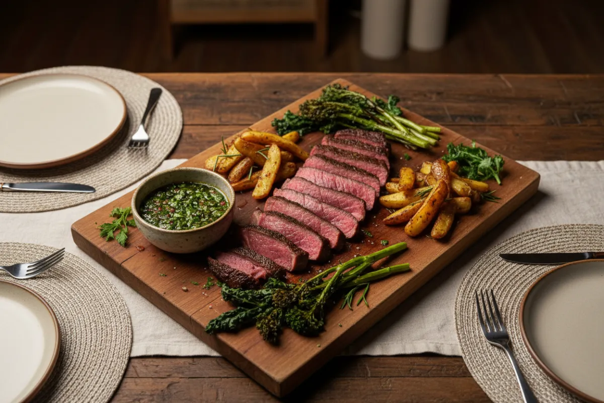 Sliced premium steak on a wooden board with herbs
