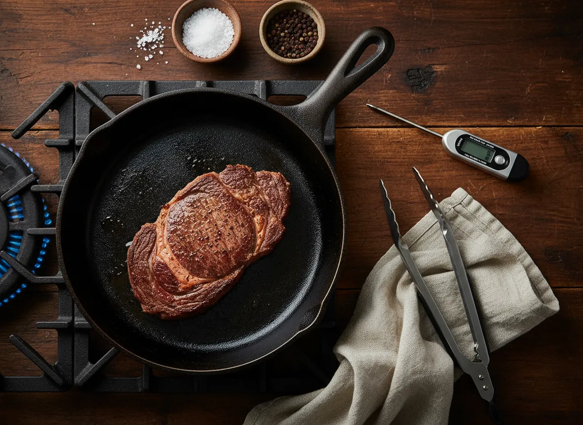 Cast iron skillet on a rustic stove with steak searing and simple seasonings