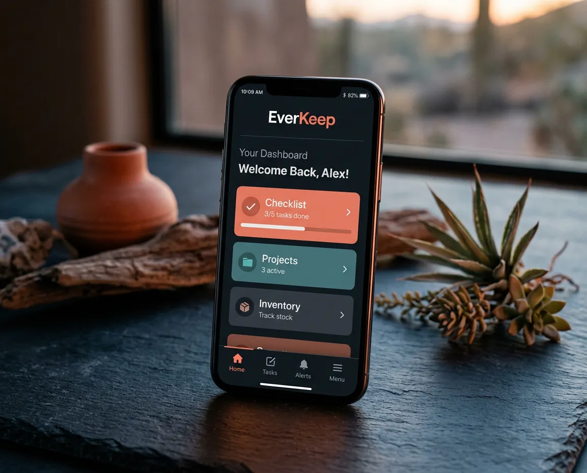 EverKeep smartphone interface preview demonstrating Chandler listing metrics and active offers