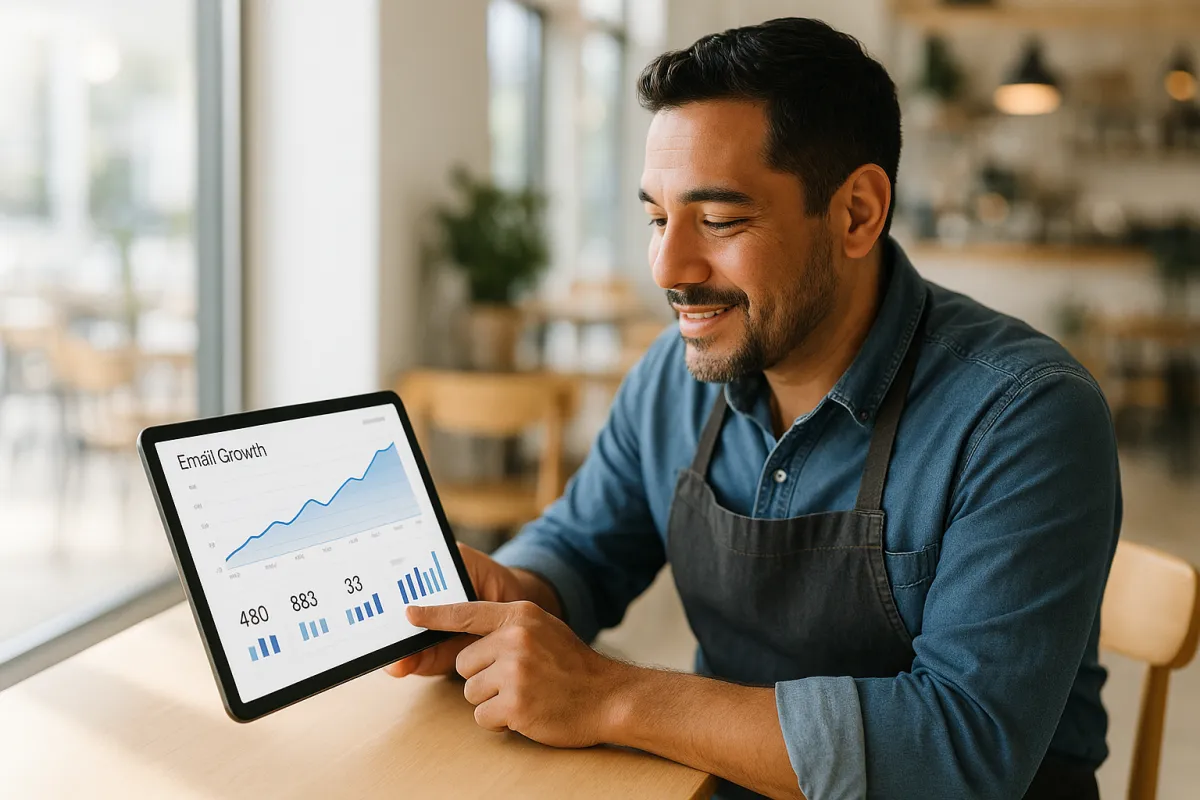 Café owner reviewing a live email-growth dashboard on a tablet in a bright café, photorealistic.