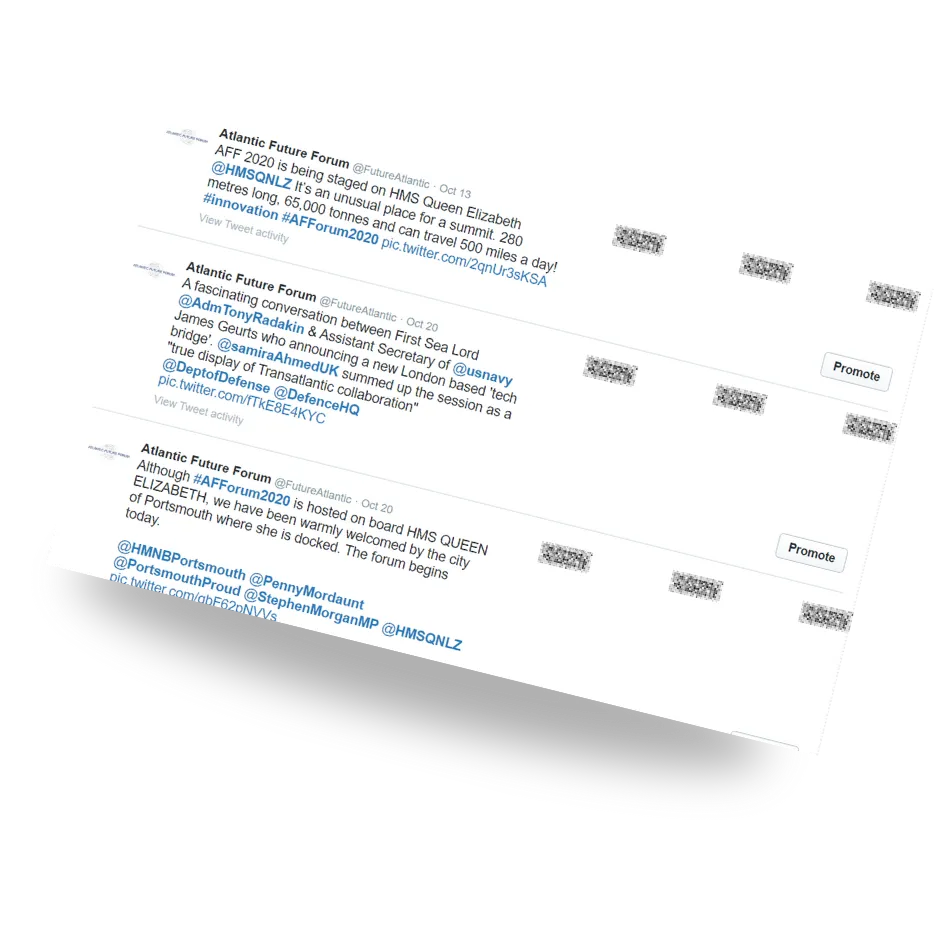 A screenshot of Twitter activity for the Atlantic Future Forum, showing social media posts about the AFF 2020 event hosted on HMS Queen Elizabeth — an example of Sheldon Social's strategic content and social media management work for a high-profile public-facing client.