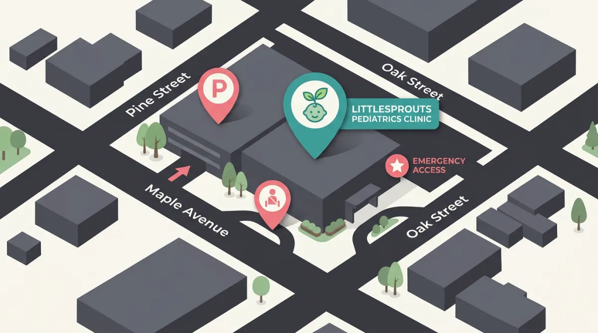 Map view showing LittleSprouts Pediatrics clinic location and parking entrance