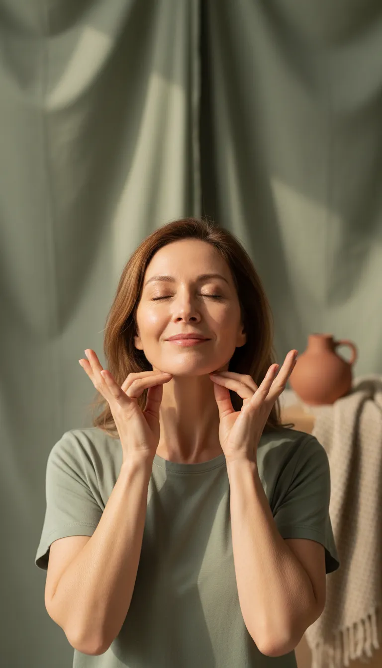 Woman experiencing glowing skin through face yoga practice