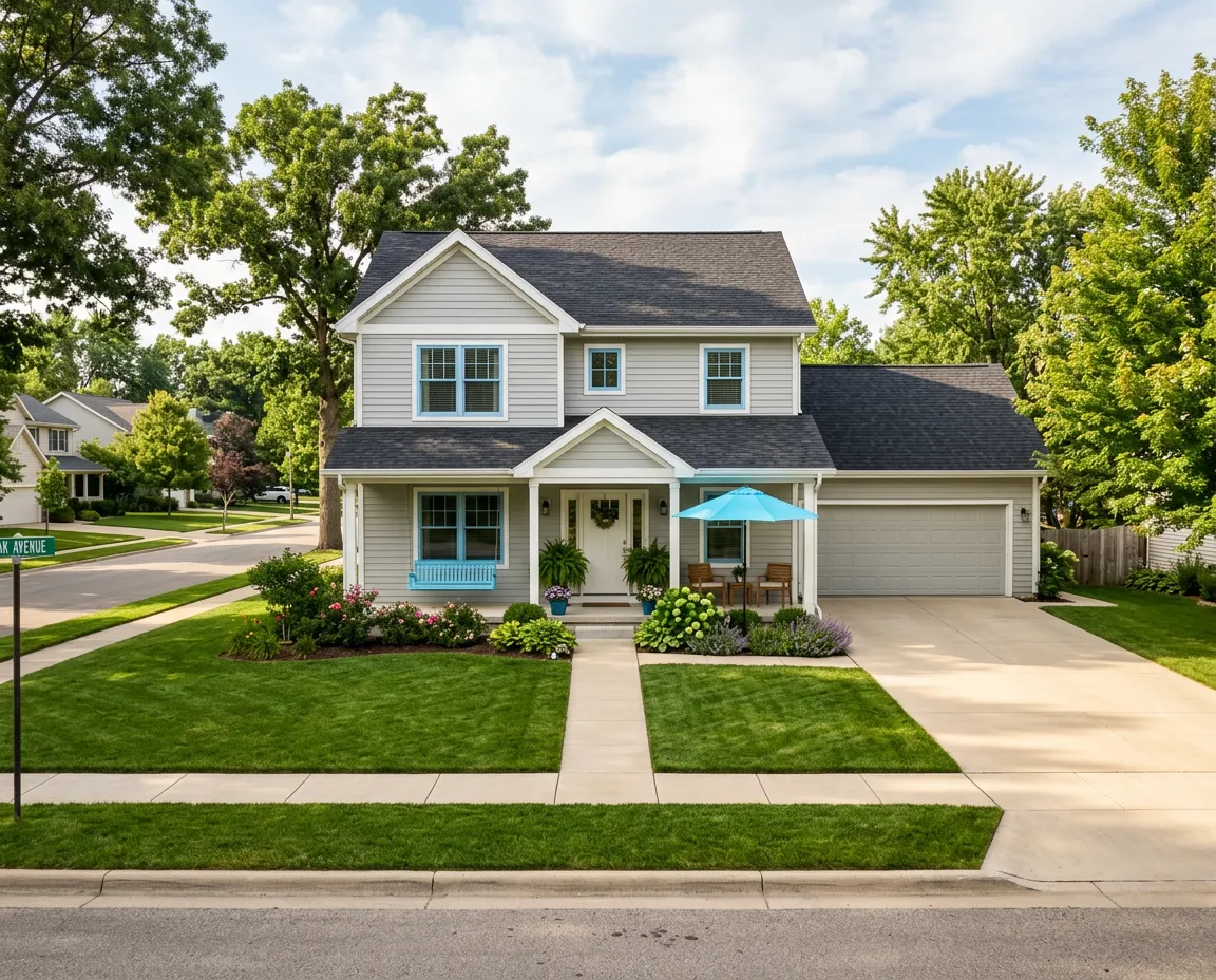 Immaculately maintained single-family residential home with manicured lawn and sunny driveway