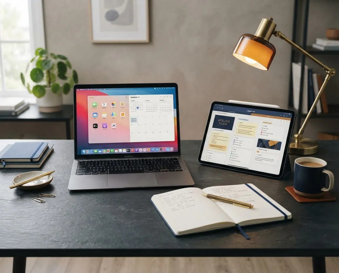 Clean, premium digital workspace setup for BeaconHub showcasing modern branding and digital business tools