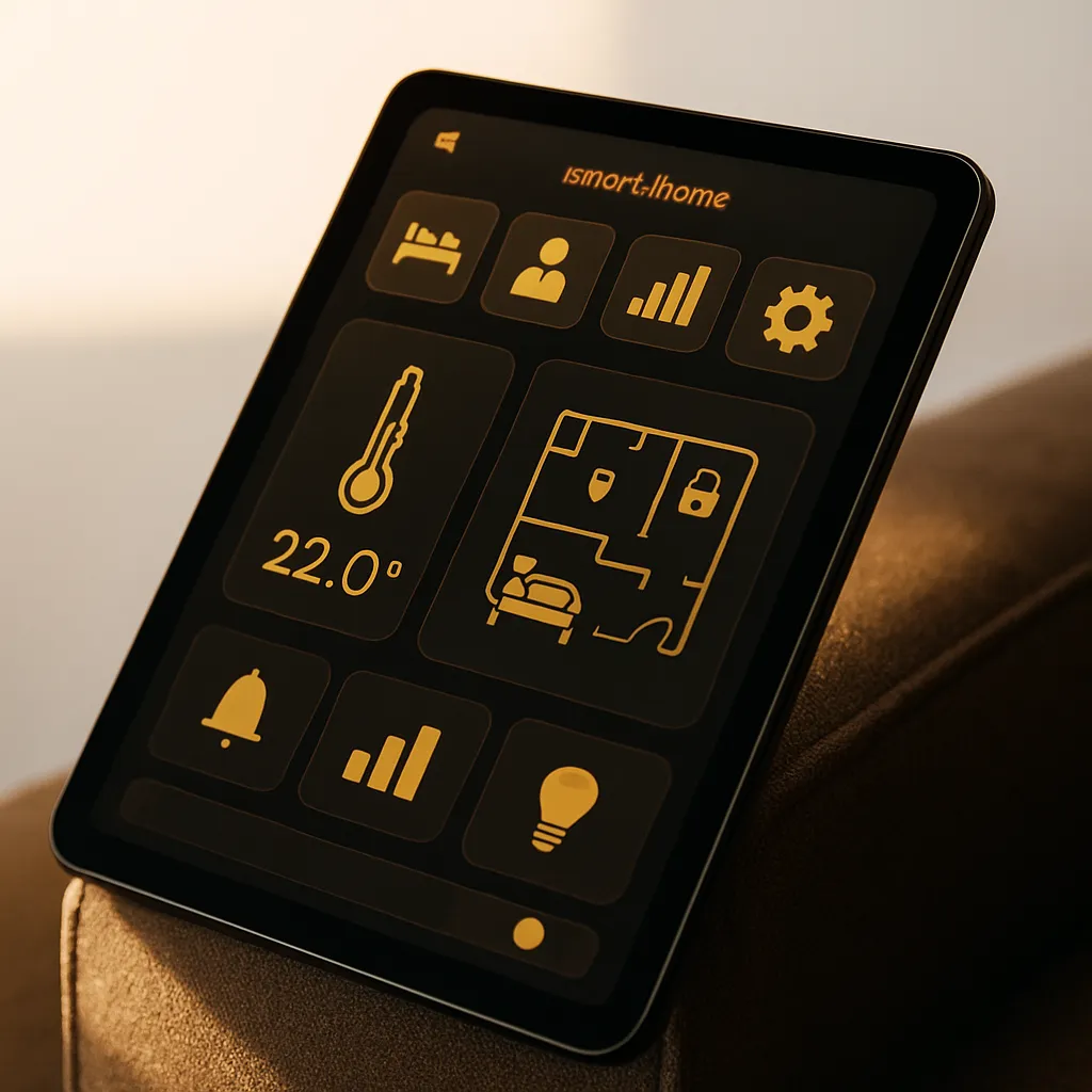 Smart-home control tablet with hospitality dashboard showcasing streamlined operations