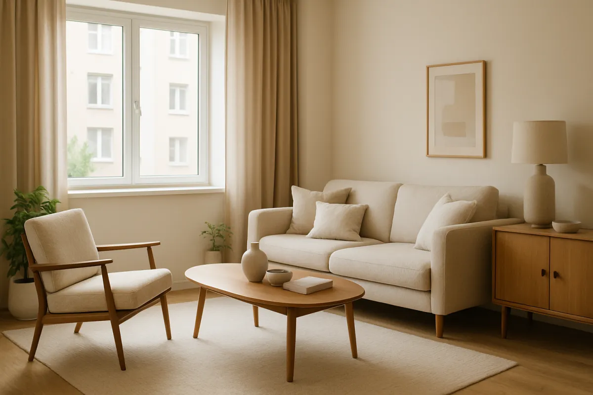 Furnished living room with natural light and mid-century modern decor