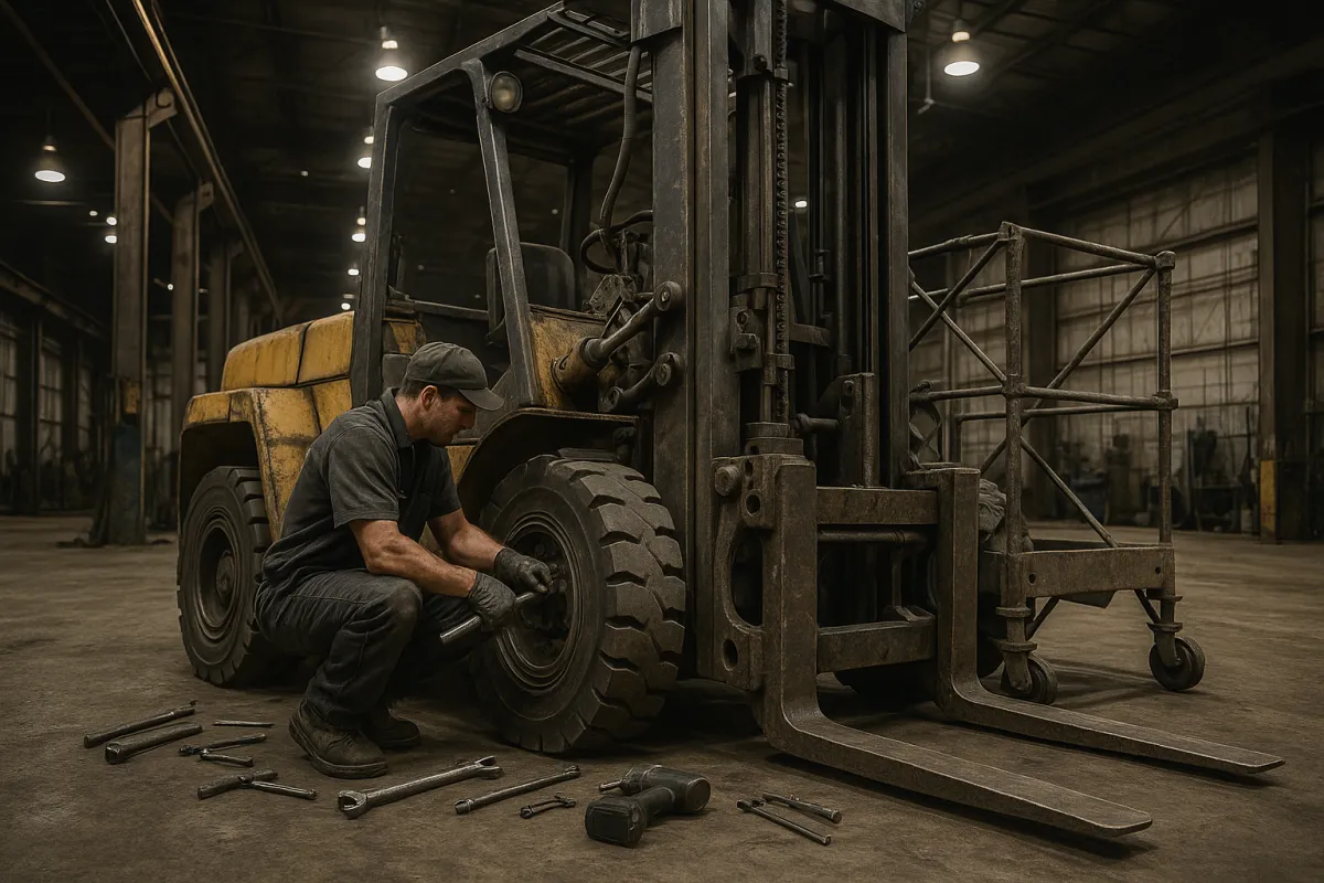 Large-capacity forklift undergoing heavy repair in a Houston warehouse bay