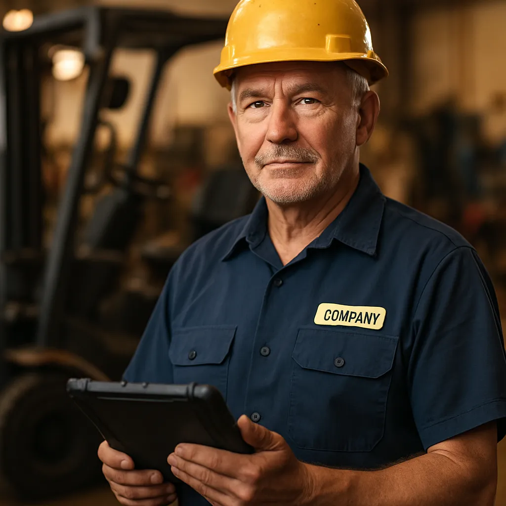 Senior forklift technician holding a diagnostic tablet in a repair bay