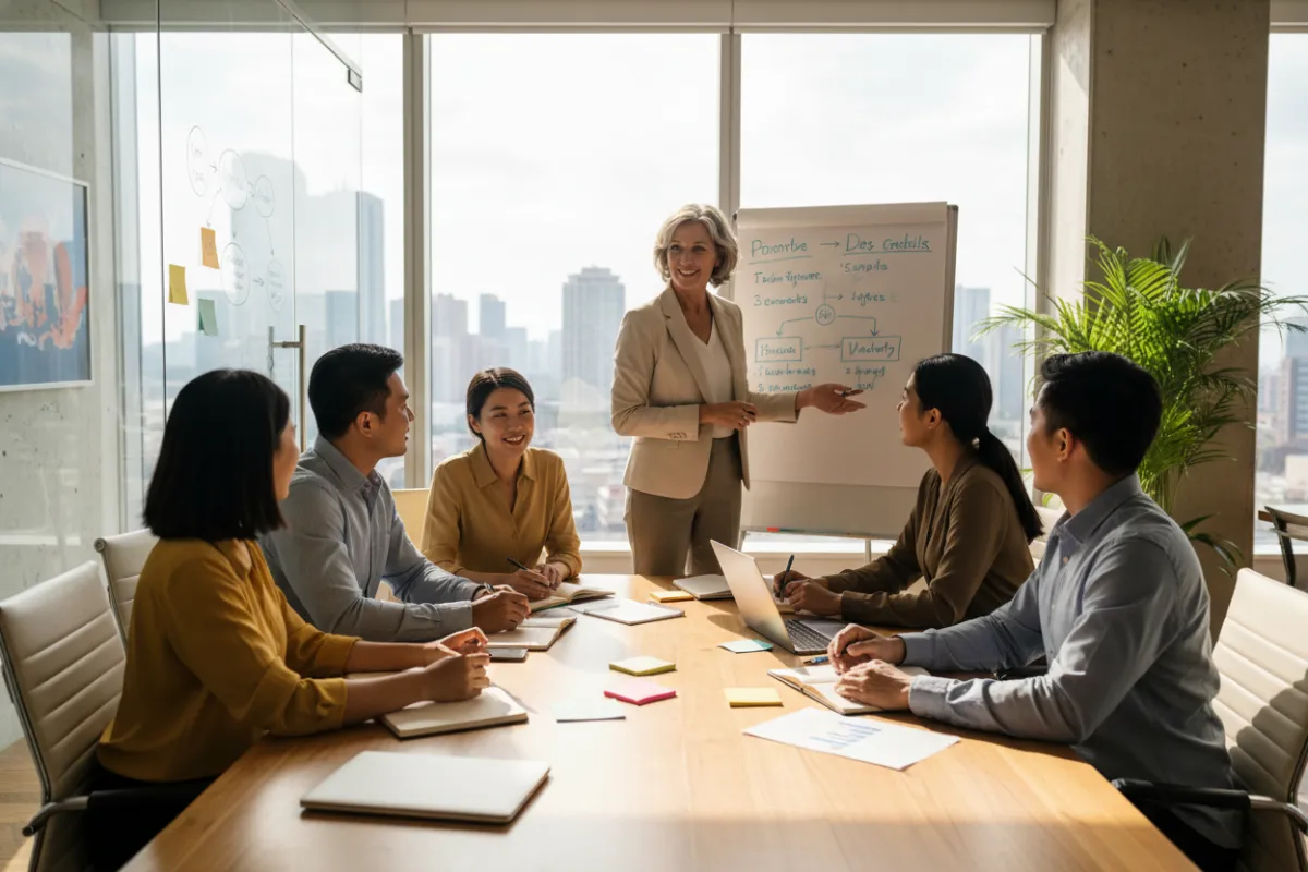 A diverse group of small business owners in a modern office, collaborating with a professional coach leading a strategy session. The setting is bright, energetic, and inclusive, with visible notes and charts. 3:2 aspect ratio.