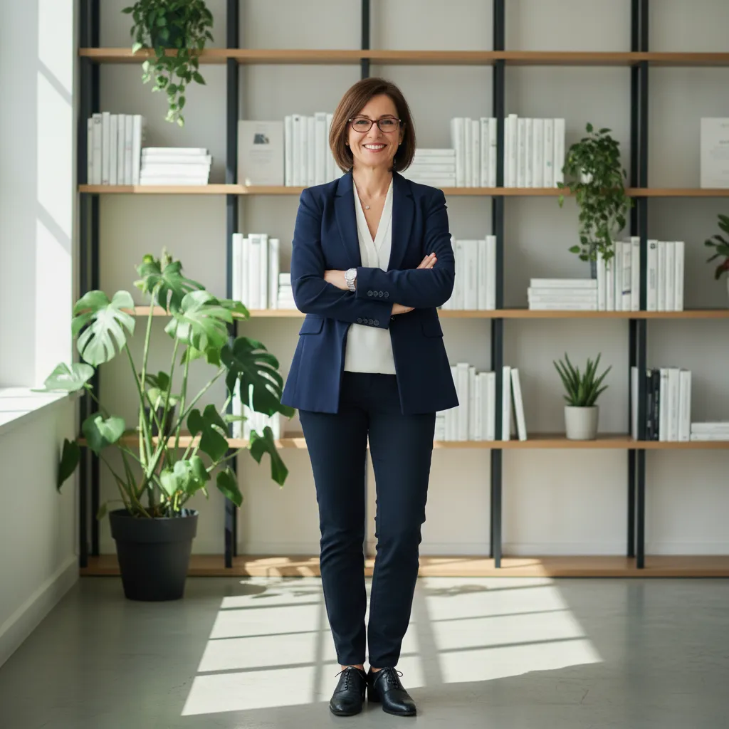 Portrait of PRANDWUPA founder, a confident business coach in smart attire, standing in a sunlit workspace with books and plants. The image conveys approachability and expertise, focusing on the founder’s welcoming expression. 1:1 aspect ratio.