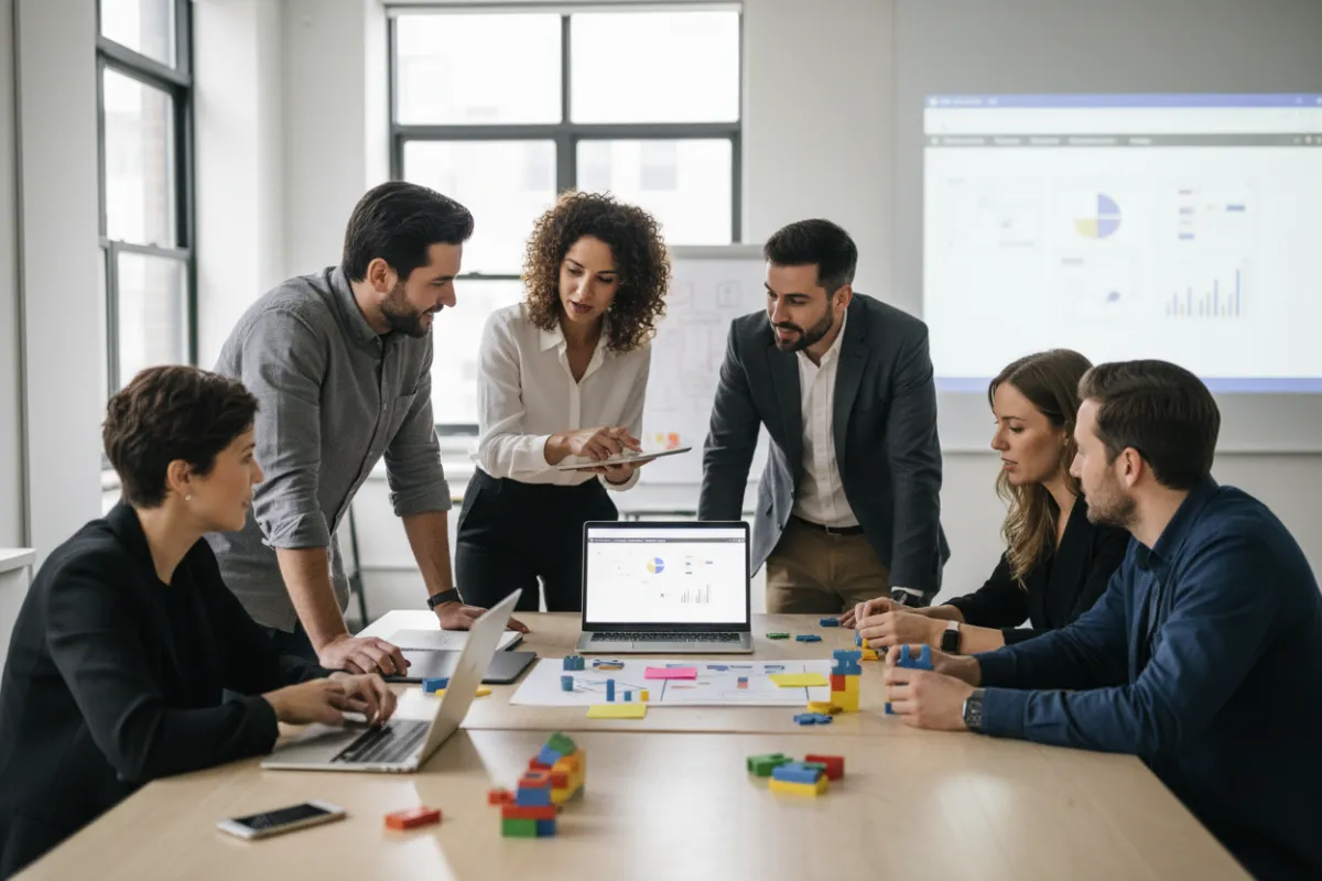 A small group of entrepreneurs attending a hands-on workshop, engaging with interactive materials and digital tools. The environment is collaborative, with participants of varied backgrounds actively discussing strategies. 3:2 aspect ratio.