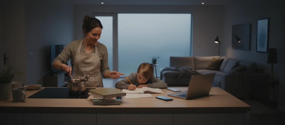 Real life busy moment with family and work in a warm kitchen setting