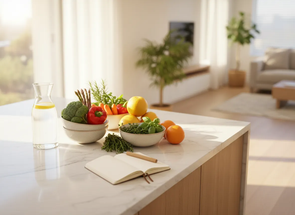 Calm kitchen counter with fresh ingredients for a 14 day cleanse