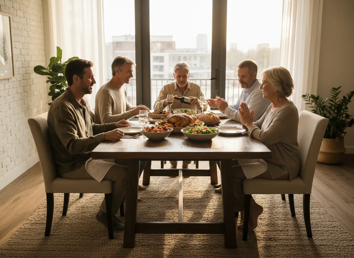 Three families gathered around a table sharing a meal