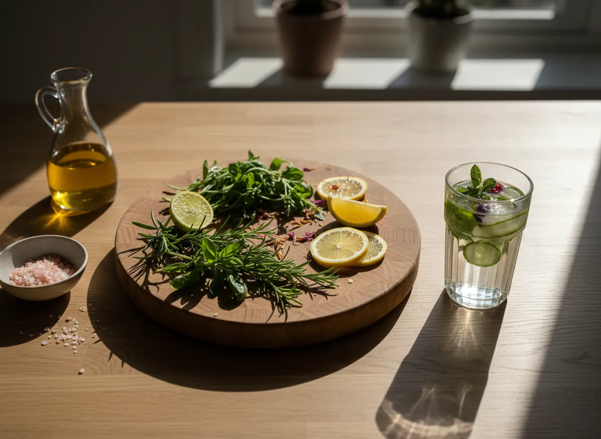 Healthy kitchen lifestyle scene with fresh ingredients and calm morning light