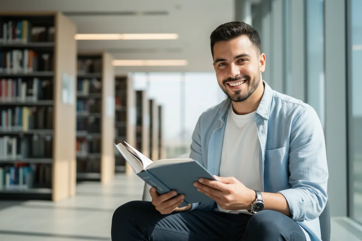 شاب عربي يبتسم ويحمل كتابًا مفتوحًا، يجلس في مكتبة حديثة بإضاءة طبيعية، يرتدي ملابس عصرية، تعبيره واثق ومتحمس، الخلفية ضبابية مع رفوف كتب، أسلوب تصوير واقعي، نسبة عرض إلى ارتفاع 3:2