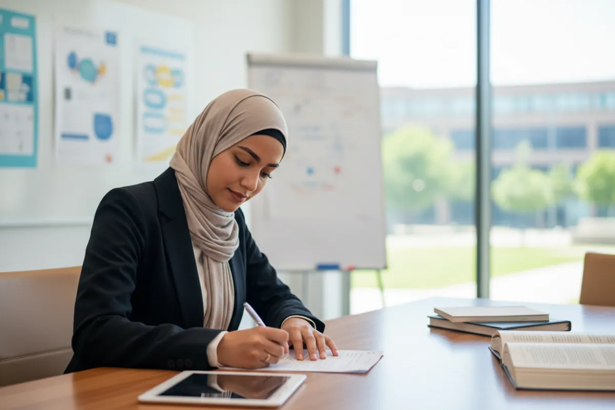 امرأة عربية شابة تملأ استمارة على طاولة في مركز تعليمي حديث، ترتدي حجابًا أنيقًا وملابس رسمية، تعبيرها مركز وواثق، خلفية ضبابية مع لوحات تعليمية، أسلوب تصوير واقعي، نسبة عرض إلى ارتفاع 3:2