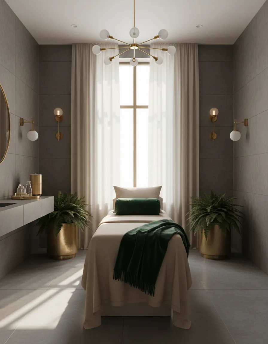 Tranquil wellness room with natural light and massage table