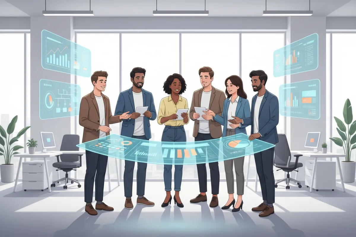 Team collaborating with digital dashboards, modern office, diverse group, bright background