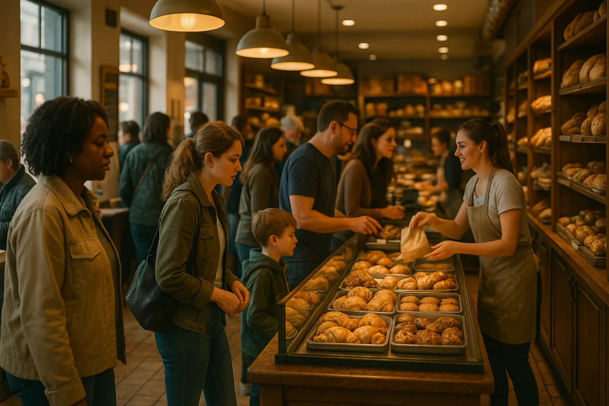 Busy neighborhood bakery with customers and warm lighting, representing increased foot traffic.