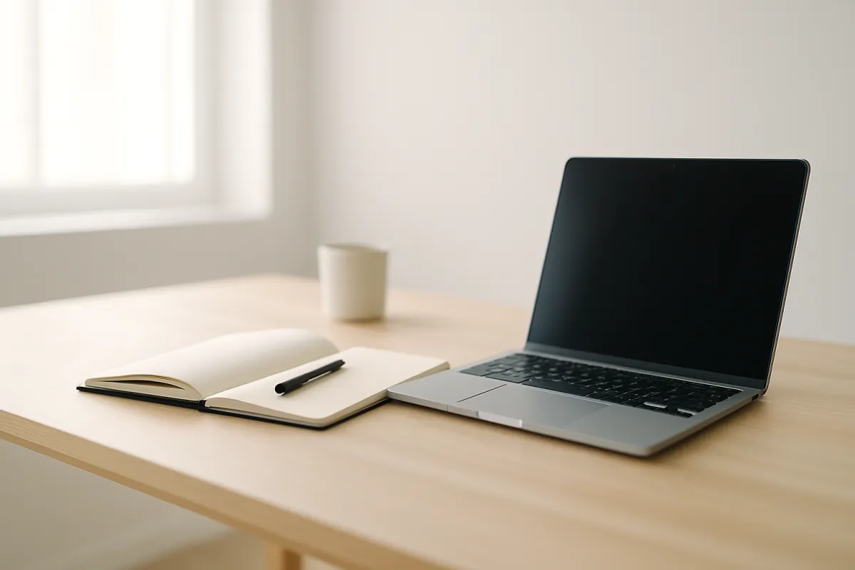 Minimalist workspace with laptop and notebook in soft morning light