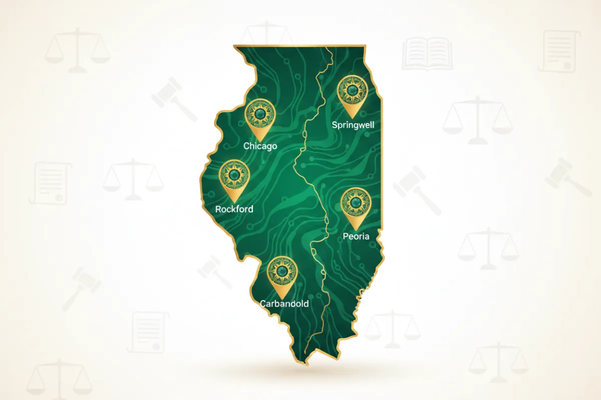 A stylized map of Illinois in gold and emerald green, highlighting major cities with elegant location pins. The background is soft white with subtle legal motifs, visually representing statewide mobile and remote notary coverage.