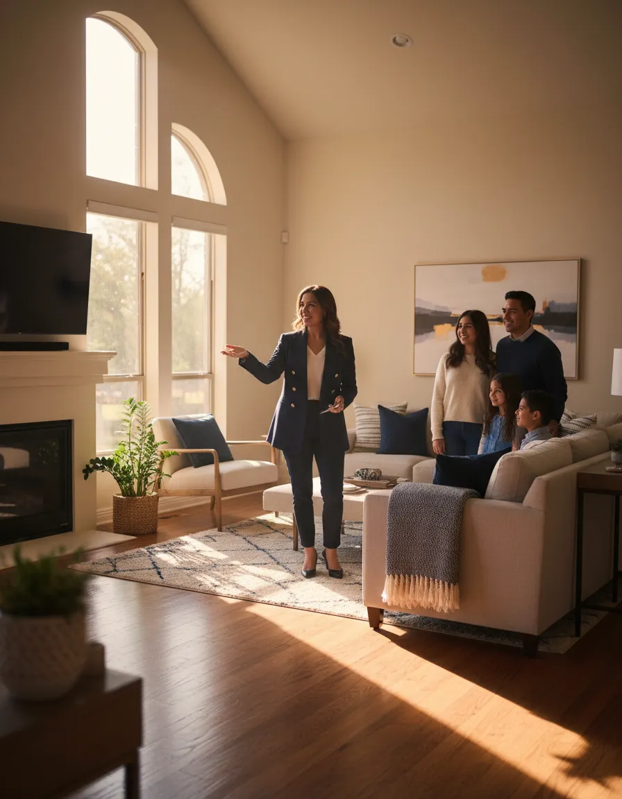 Agente inmobiliario mostrando casa a familia